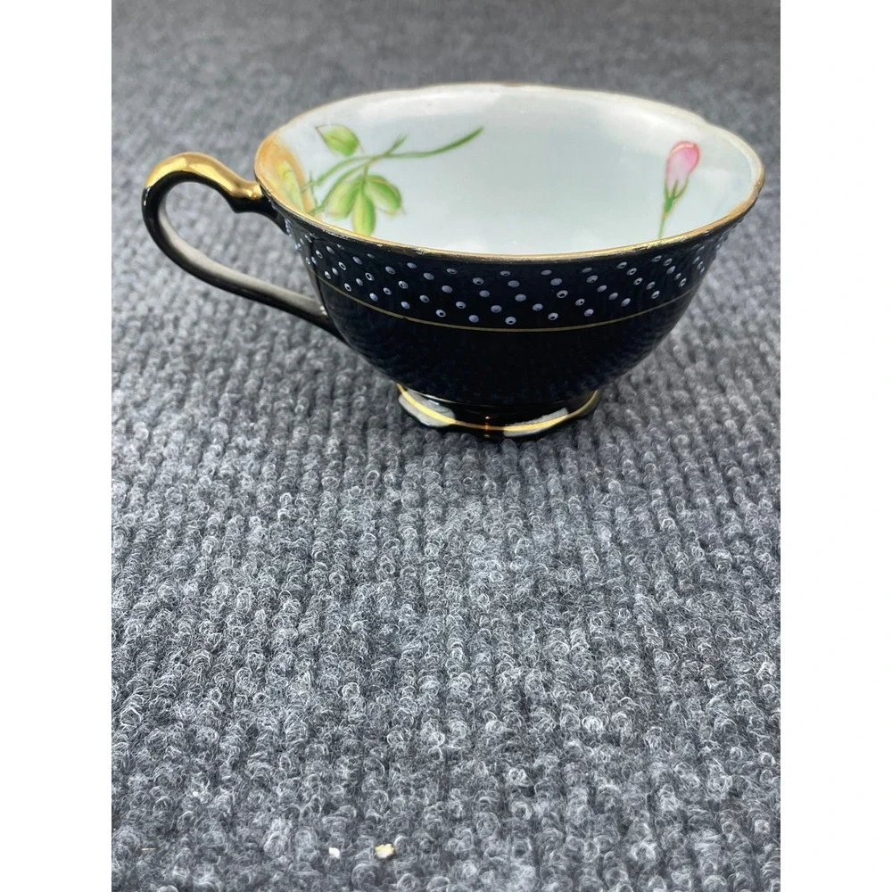 VTG. Merit Occupied Japan Tea Cup Black Polka Dot Pink Rose Gold Gilt Porcelain